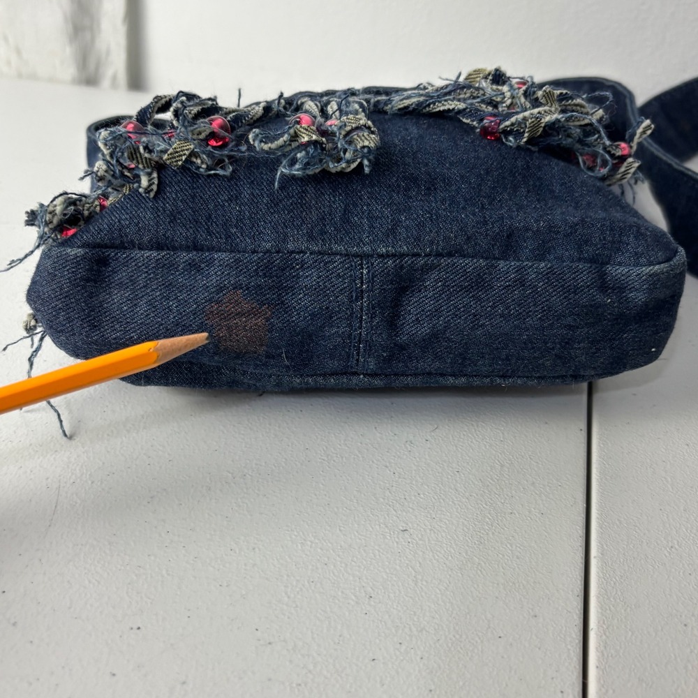 Vtg 2003 Old Navy Denim Crossbody Bag Heart Embroidery Beaded Fringe Y2K McBling - Picture 5 of 12